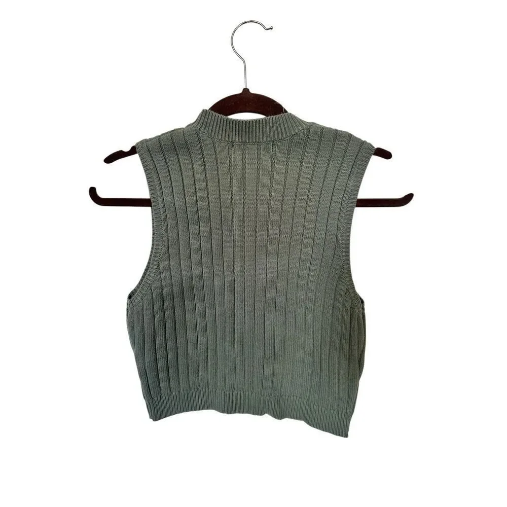 Forever 21 Sage Green Ribbed Knit Sleeveless Crop Sweater Vest - Size Large
